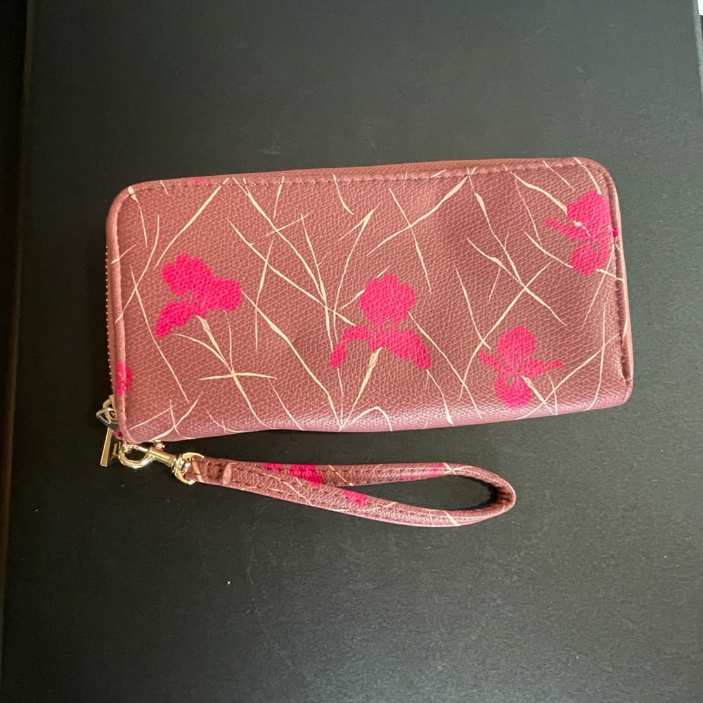 a new day Pink Clutch with Nature-Inspired Pattern and Wrist Strap